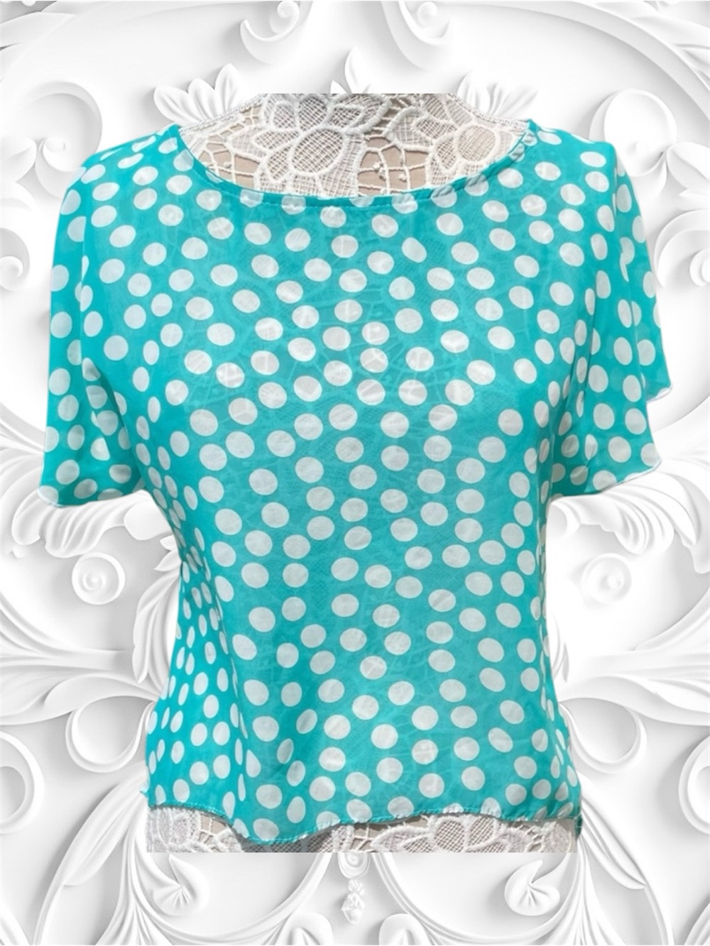 Lashes Sheer Aqua Blue Blouse w/White Polka Dots & Tie in Back